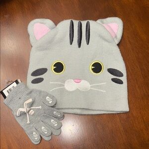 Gray Cat Beanie and Gloves Set for Kids